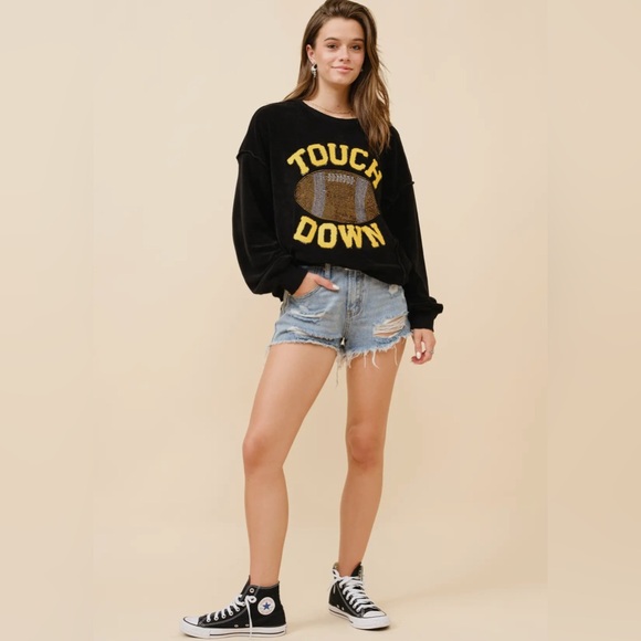 NEW Blue B. Touchdown Black Terry Rhinestone Football Game Day Sweatshirt OS - Picture 2 of 7